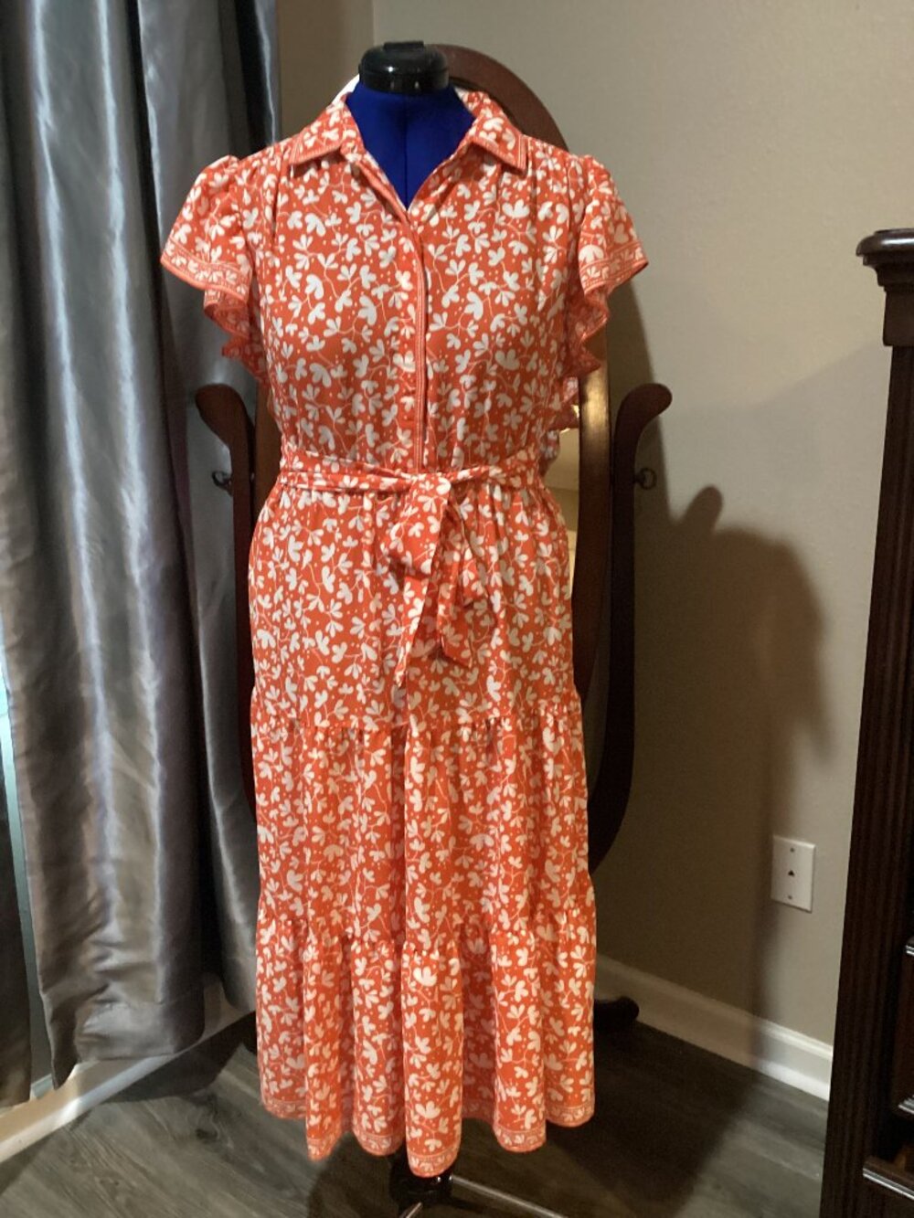 Orange & White Floral Tiered Midi Shirt Dress with Tie Waist